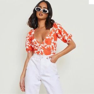 Floral wrap puff sleeve bodysuit